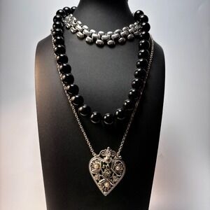 Necklace Lot Goth Large Filigree Heart Pendant Metal Choker Acrylic Beads